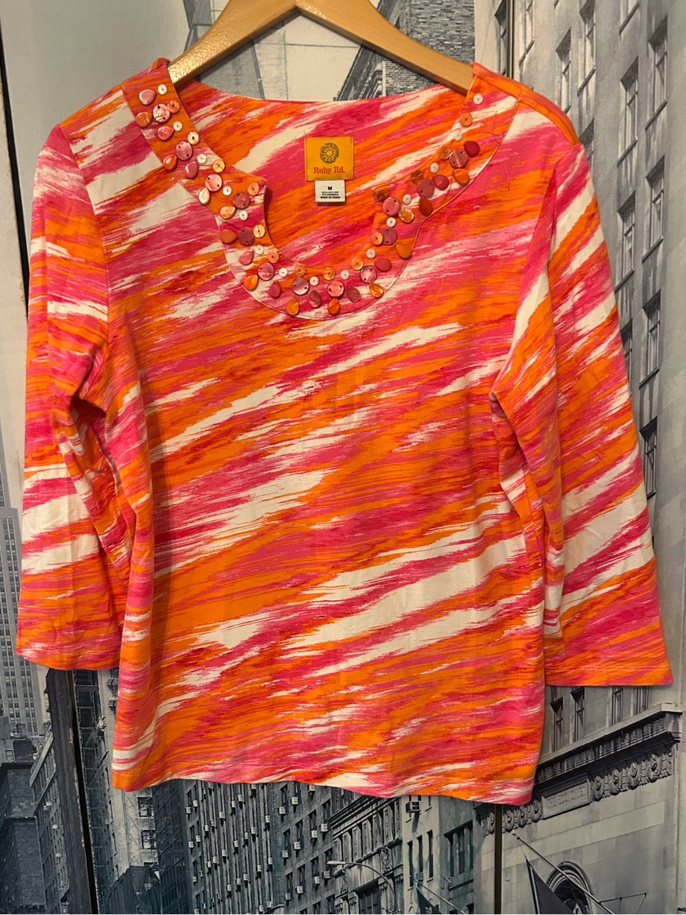 Ruby Red - Pink & Orange Beaded Scoop Neck Long Sleeve Top